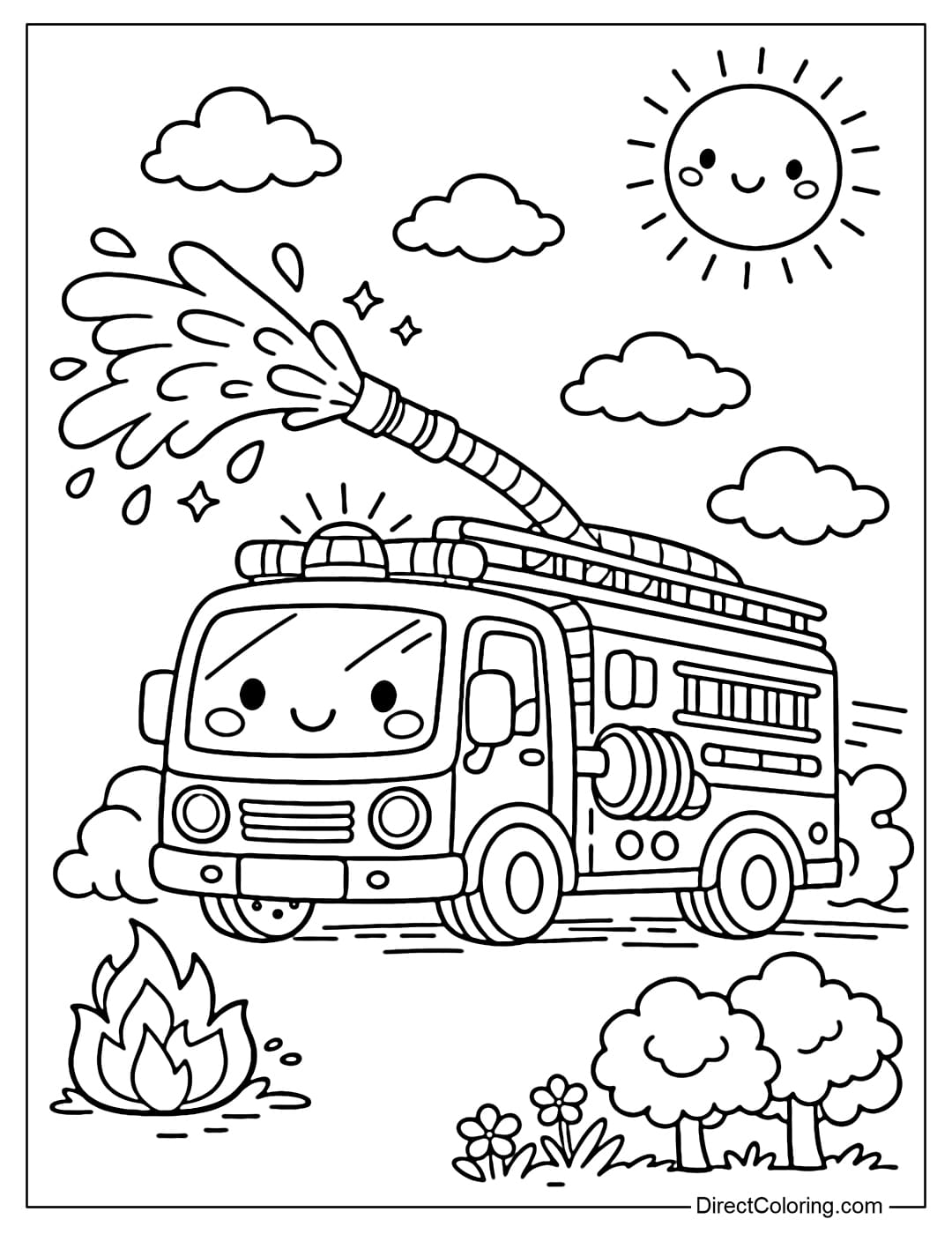 Coloring page of a fire truck running with its hose in action.