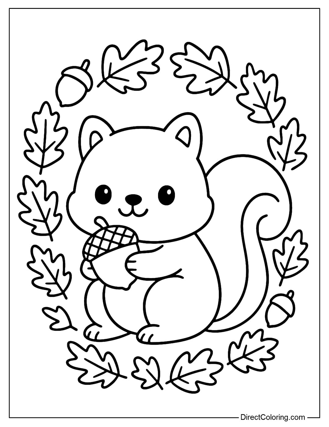 Squirrel and Acorn Coloring Page Coloring page of a squirrel holding an acorn, surrounded by a wreath of small maple leaves.