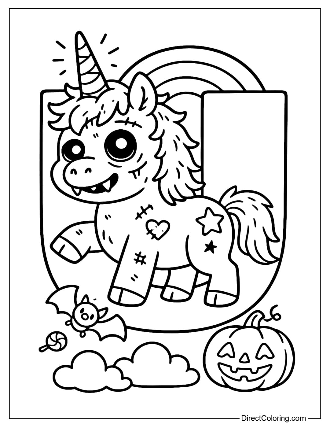 A letter U coloring page with a cute unicorn dressed as a zombie, with a bandaged horn and sparkling eyes. There is a magical rainbow on the background.