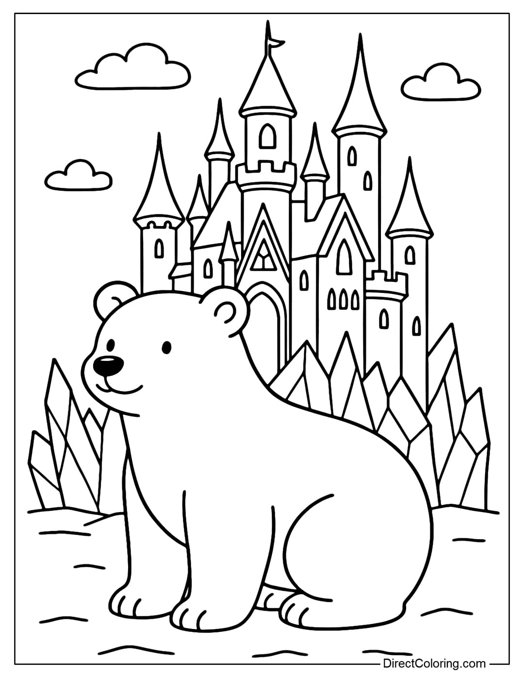 Coloring page of a polar bear standing in front of a sparkling ice castle.