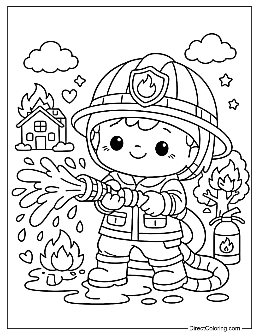 Coloring page of a firefighter holding a powerful hose spraying fire.