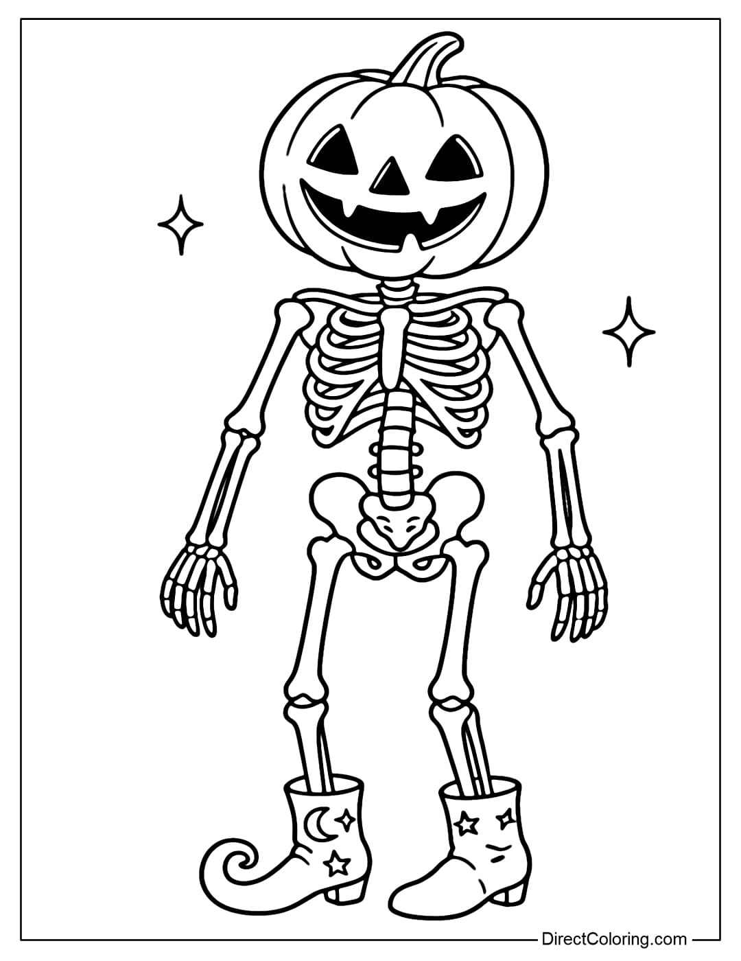 A skeleton coloring page with a Jack-o'-lantern pumpkin head.