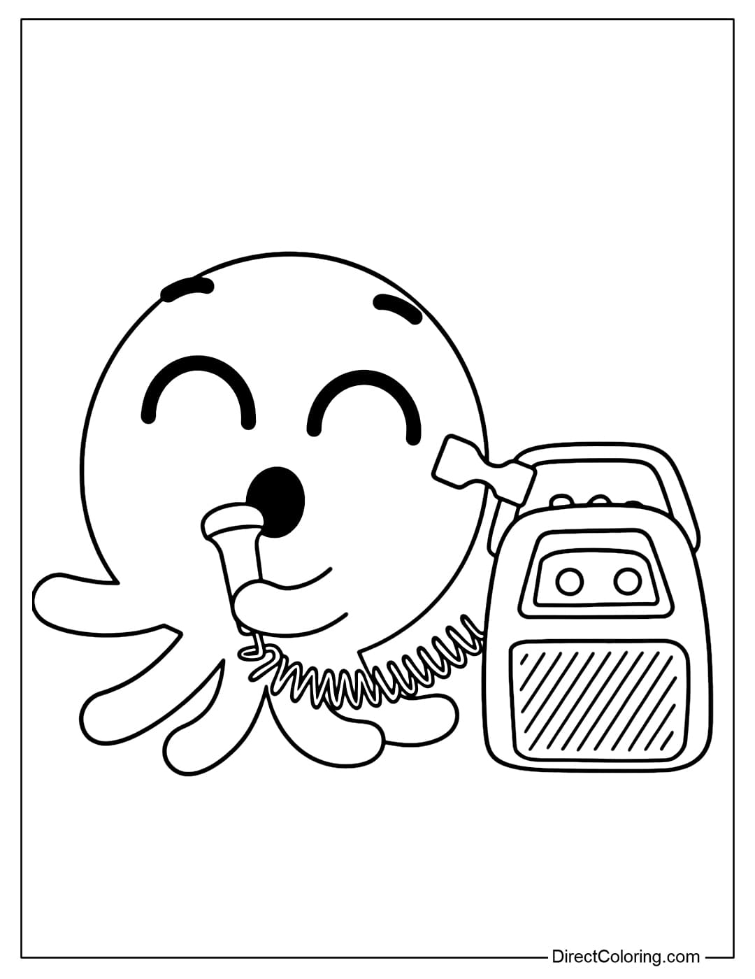 Coloring Page A cute octopus Pow is holding a microphone and standing next to a boombox.