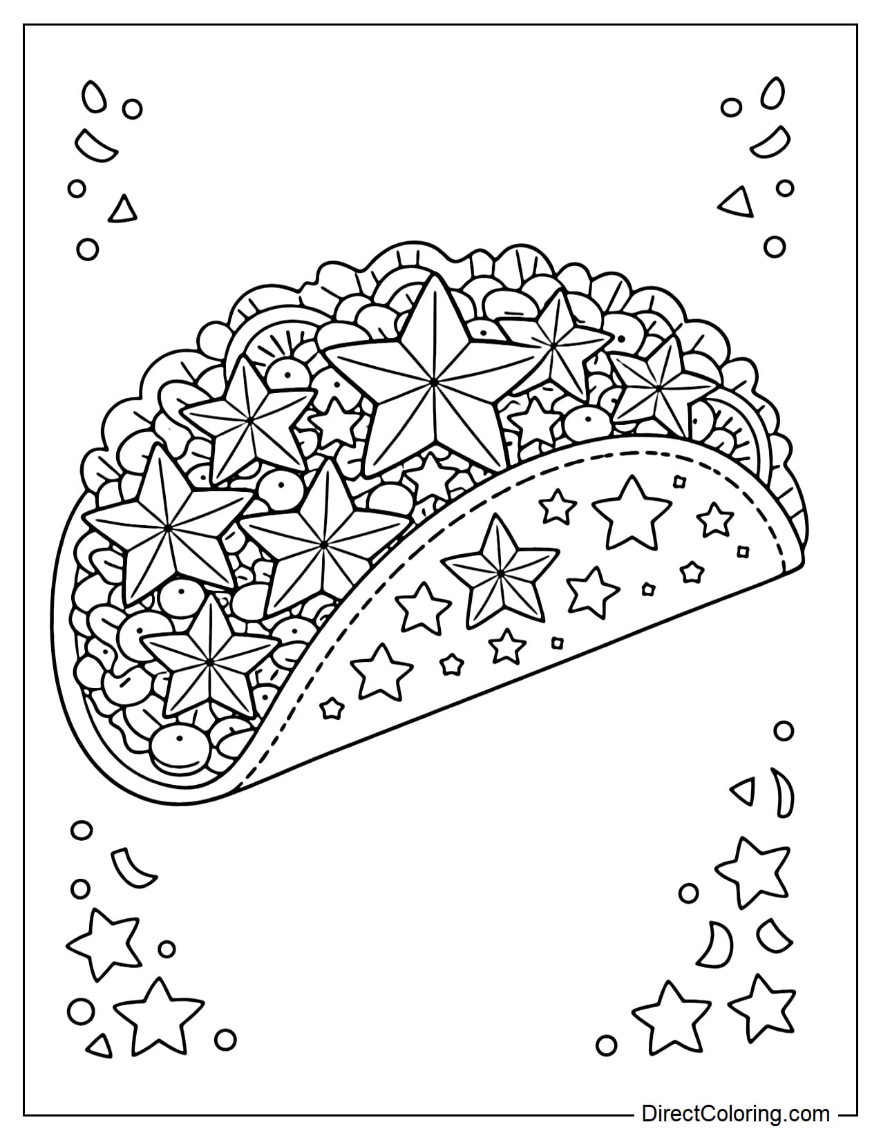 A taco with a filling composed of many large and small stars and circular patterns, surrounded by shredded paper and stars.