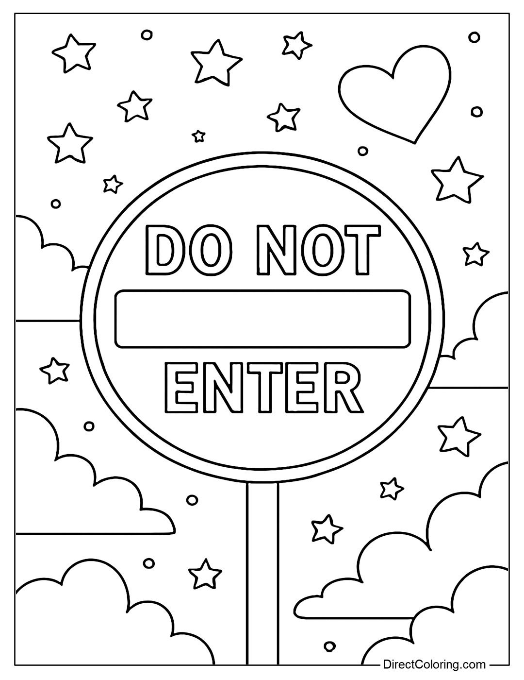 No Entry Sign Coloring Page, background is starry sky and heart-shaped clouds.