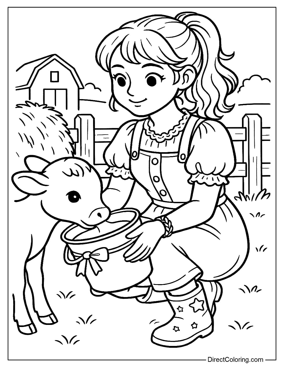 A farm girl coloring page holding a bucket of milk, bending down to feed a little calf. There are wooden fences, hay bales and a barn in the distance.