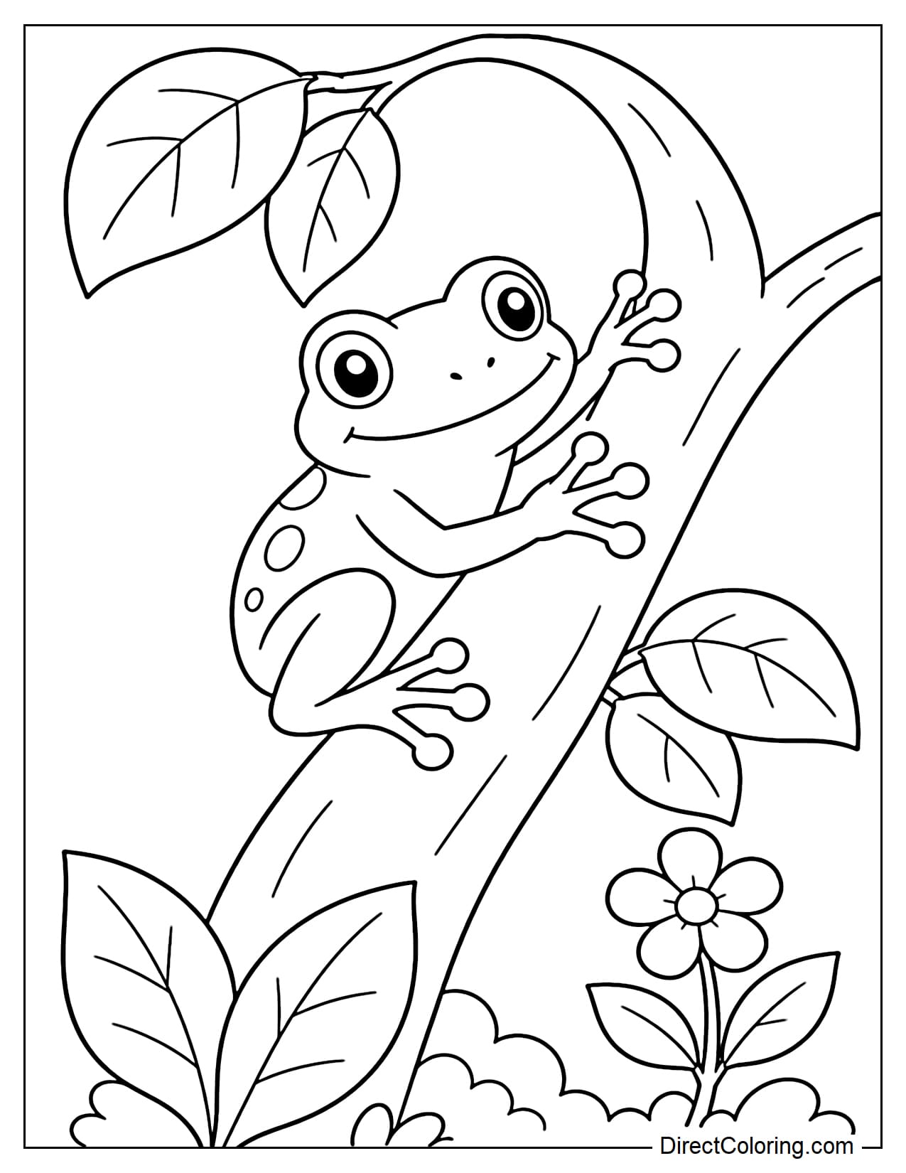 A tree frog is climbing a large curved branch, surrounded by large leaves and a small flower.