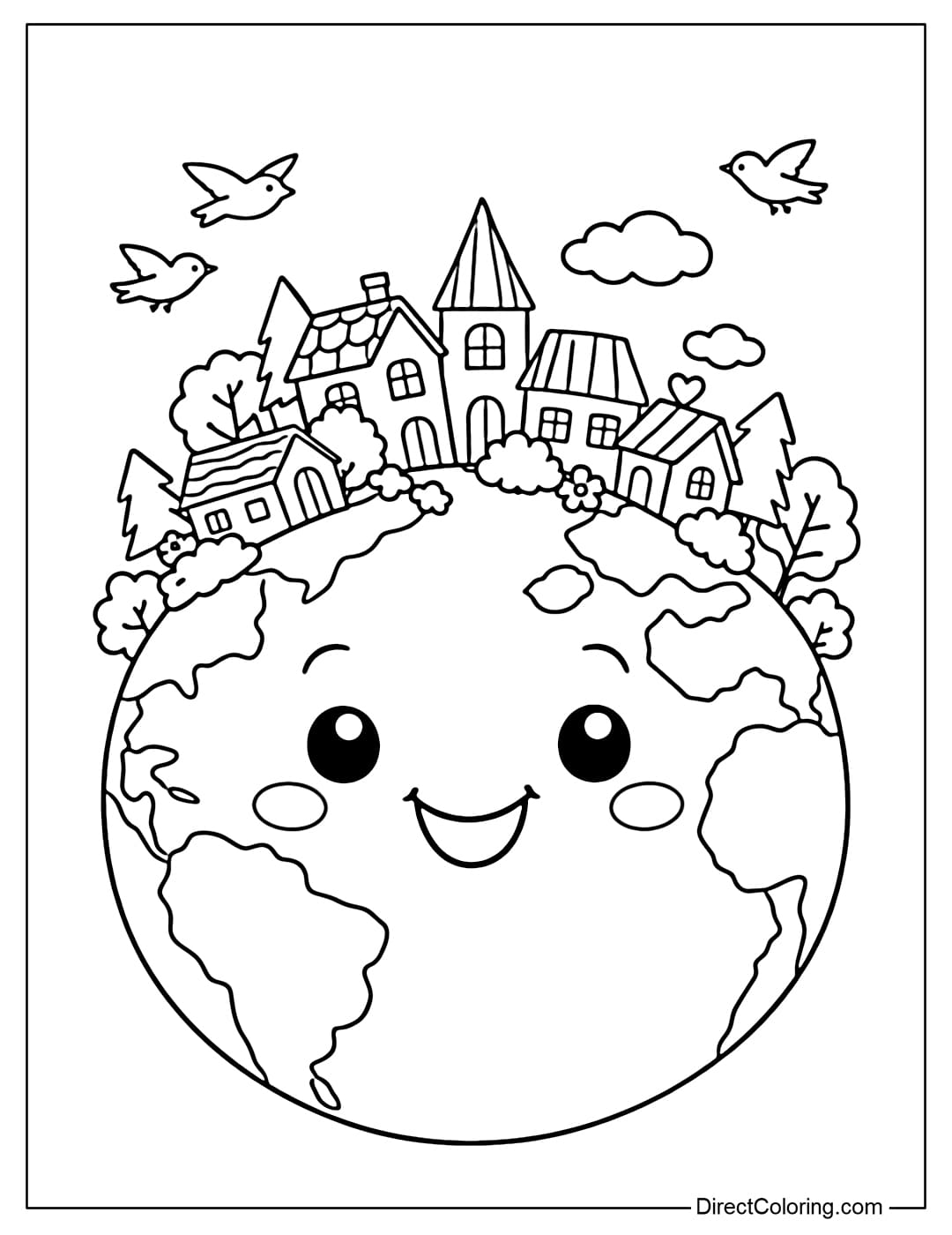 A coloring page of a cartoon Earth with a cheerful face, with small houses, green trees, and a few birds flying above the planet.
