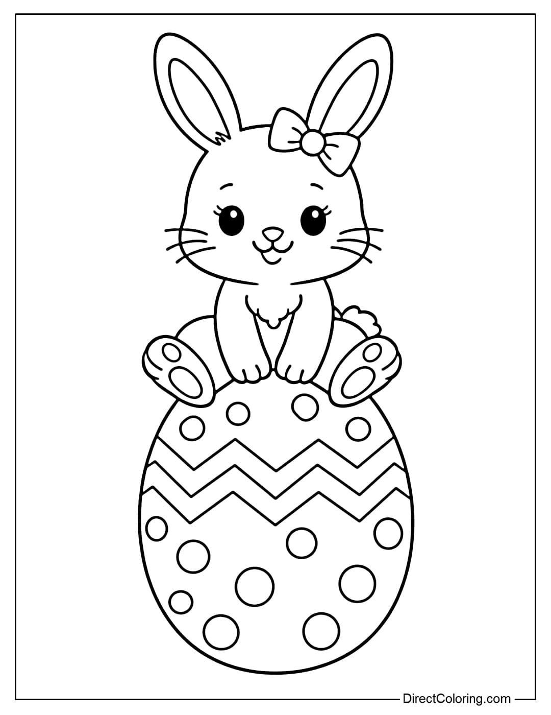 A cute Easter bunny coloring page with a bunny sitting on a large polka-dot and zigzag Easter egg.