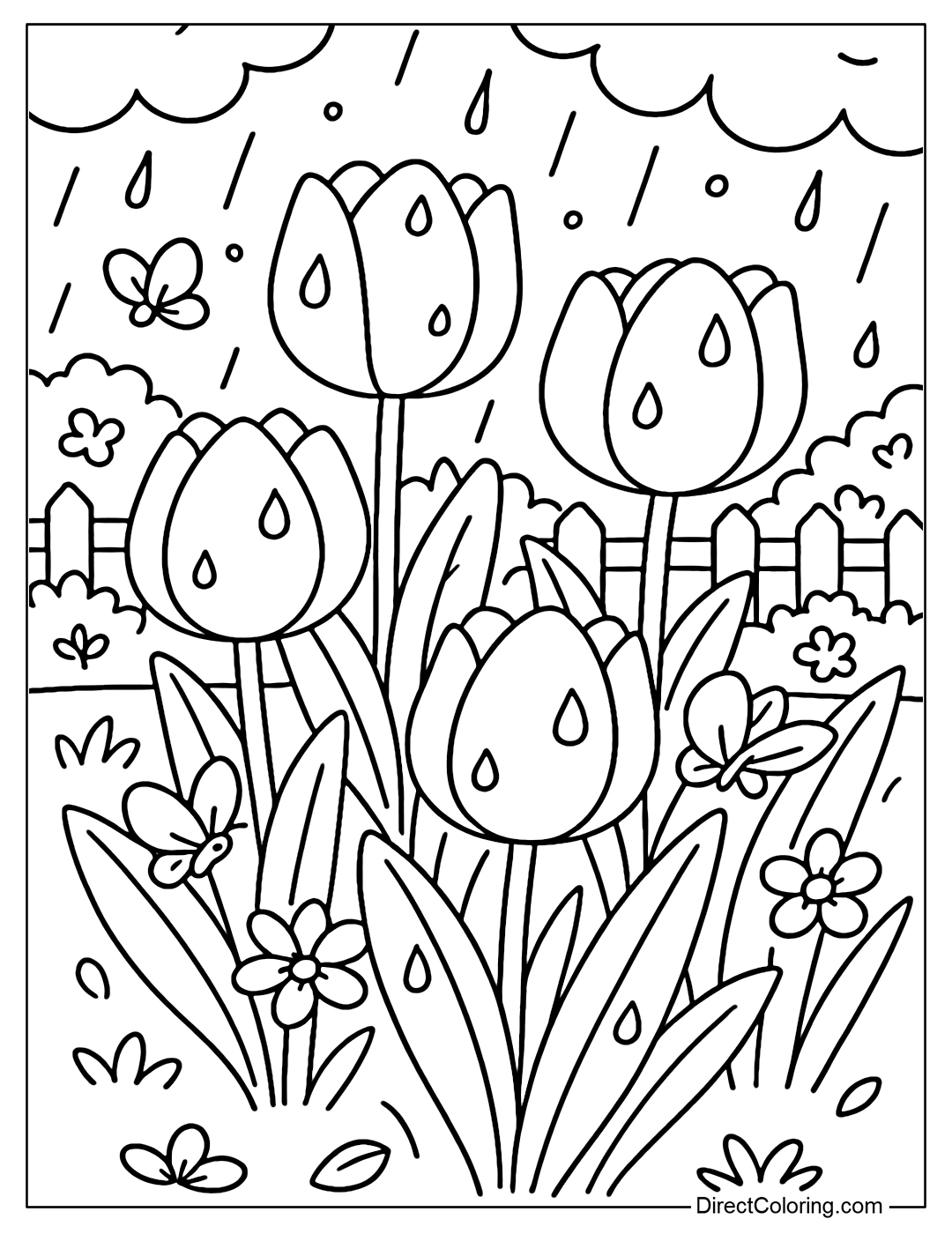 A garden coloring page full of blooming tulips, raindrops falling on the petals forming round drops; there are white wooden fences and a few small bushes