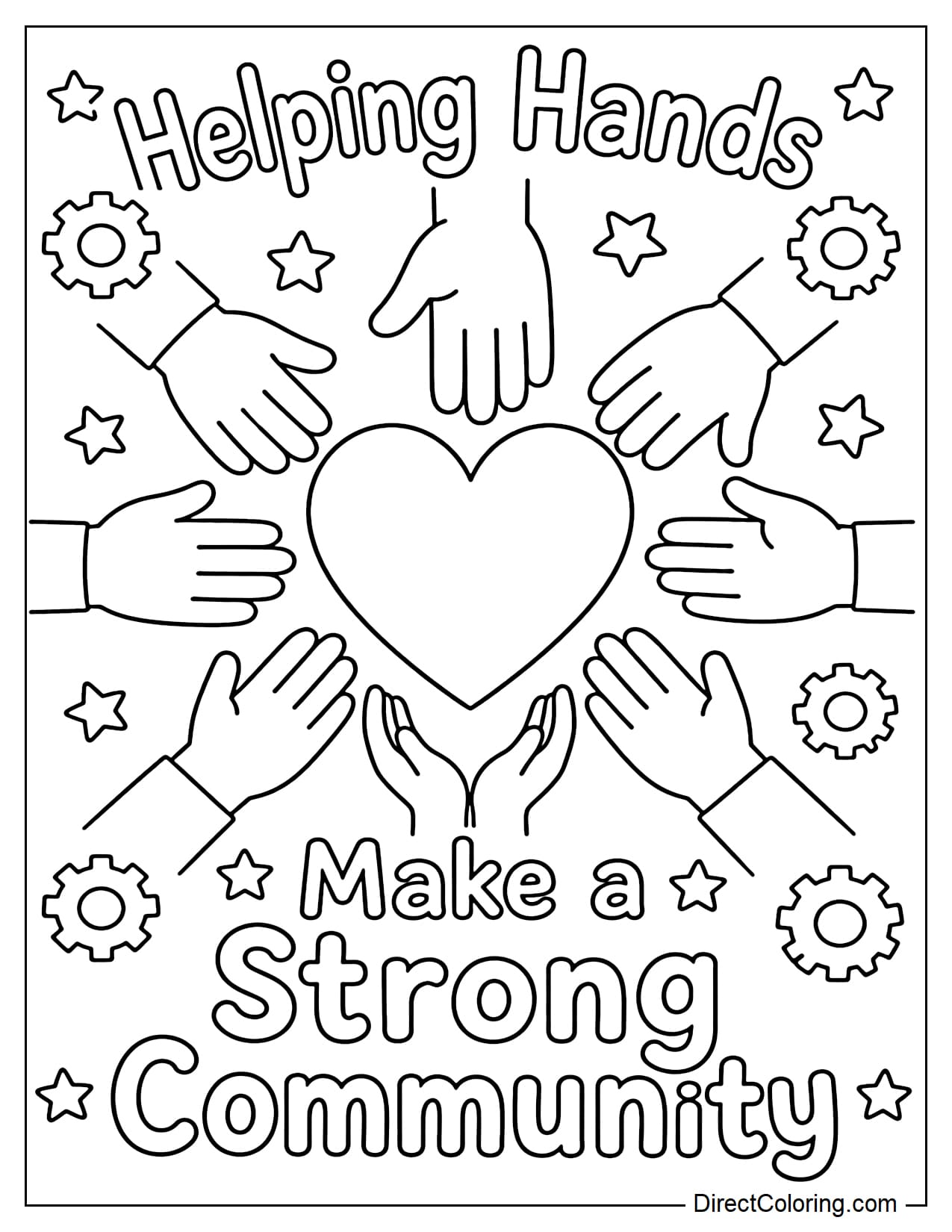 Many large hands from different directions converge on a heart in the center, surrounded by the words 