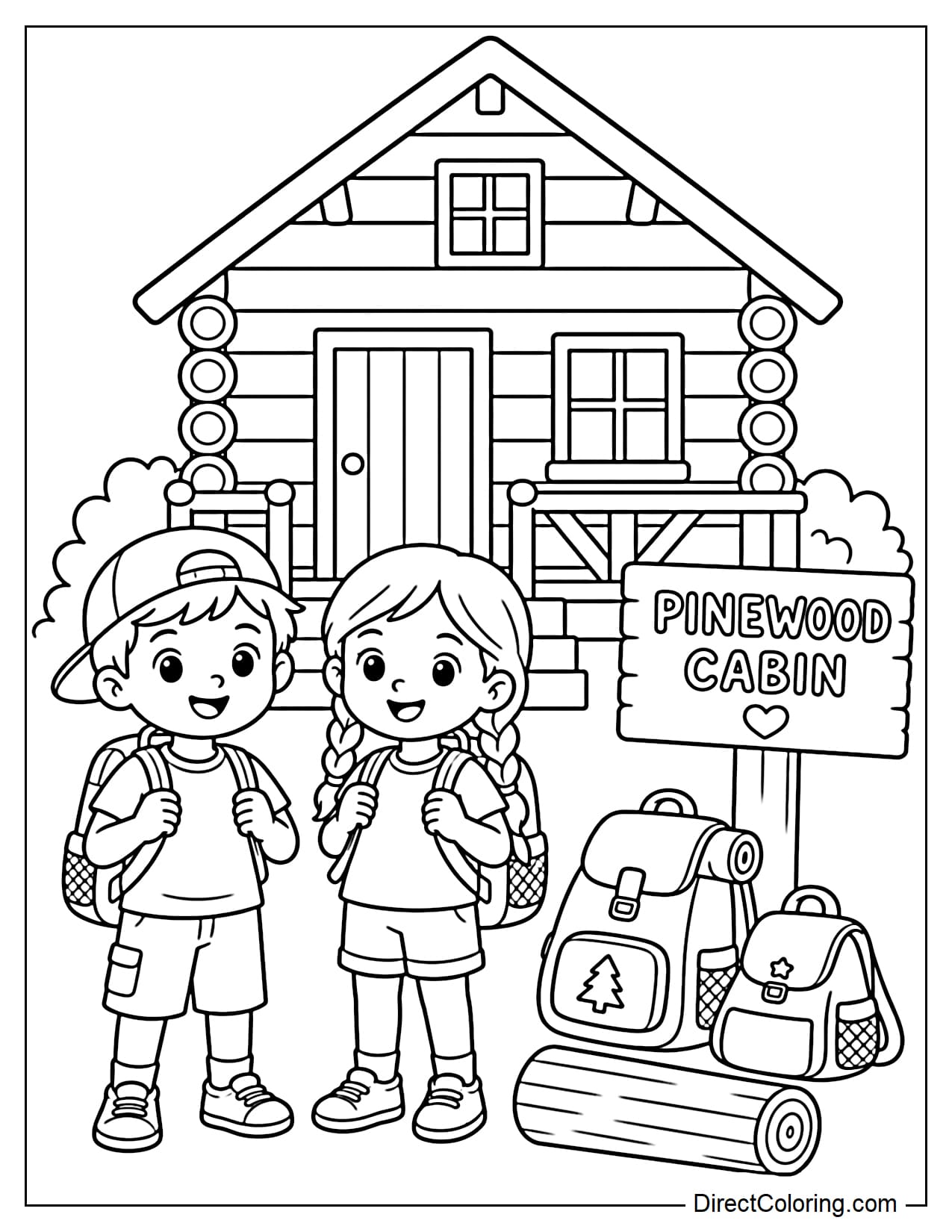 Two children stand in front of a wooden cabin at summer camp, next to a backpack, a small log, and a cabin nameplate.