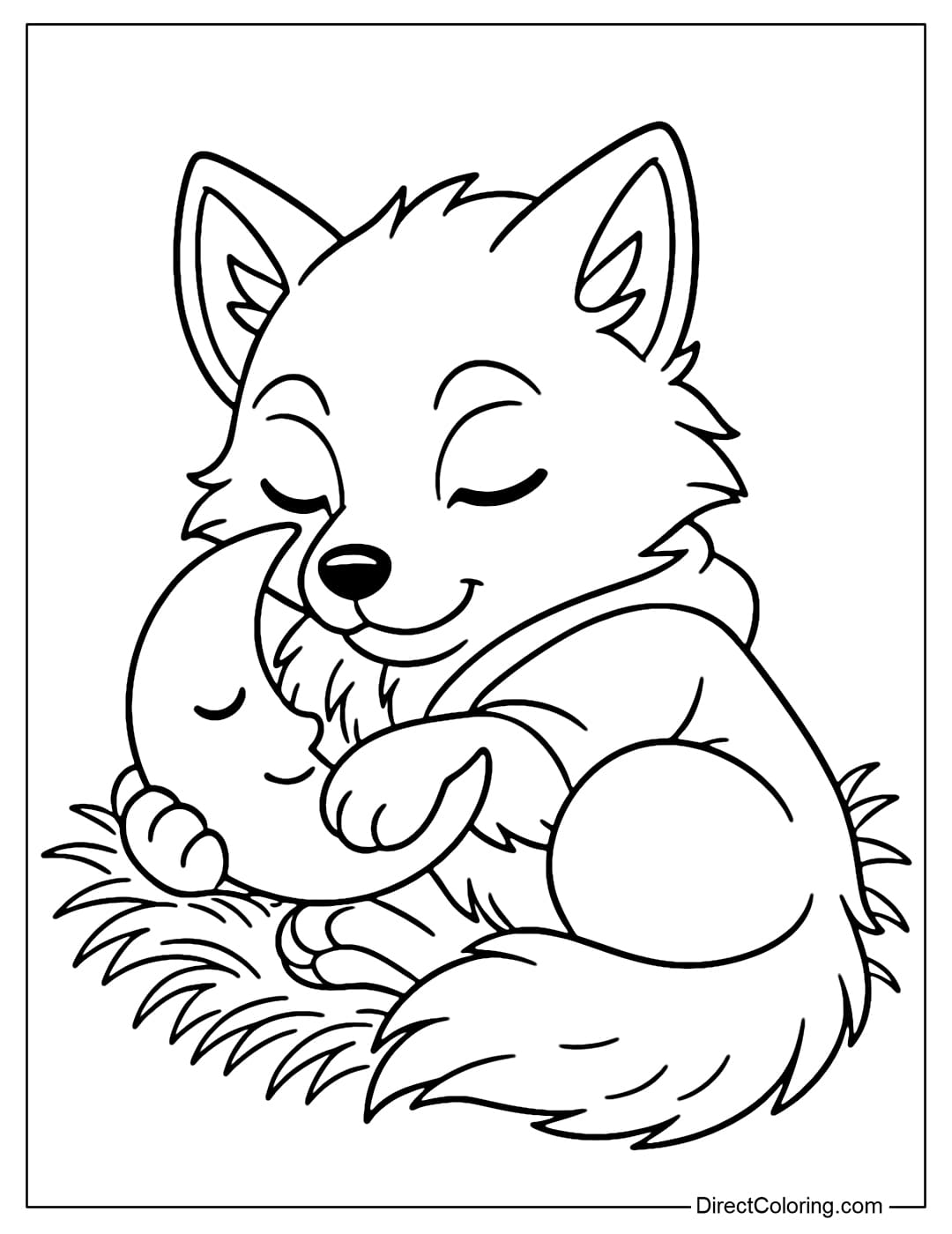 Little werewolf coloring page curled up sleeping in a straw nest, hugging a moon-shaped pillow, peaceful face.