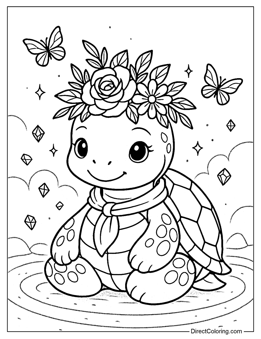 Coloring page of a turtle wearing a crown of leaves and flowers, with butterflies and small gems in the background, the atmosphere is like a fairy tale world.