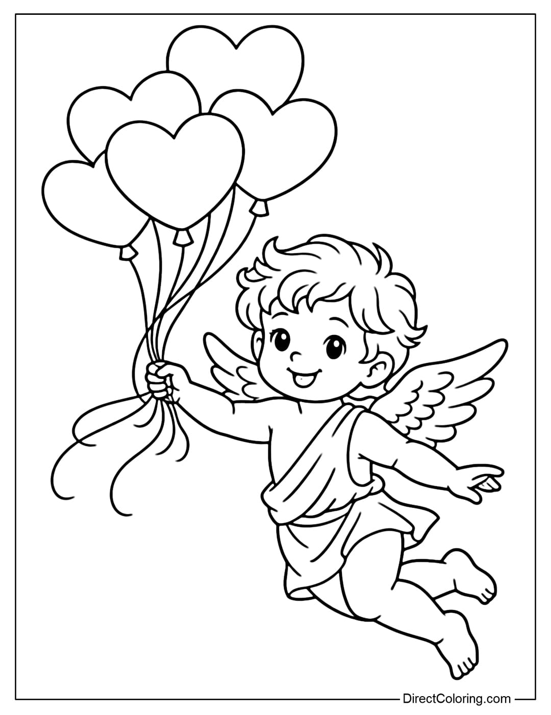 A coloring page of Cupid gently floating, holding a bunch of heart-shaped balloons.