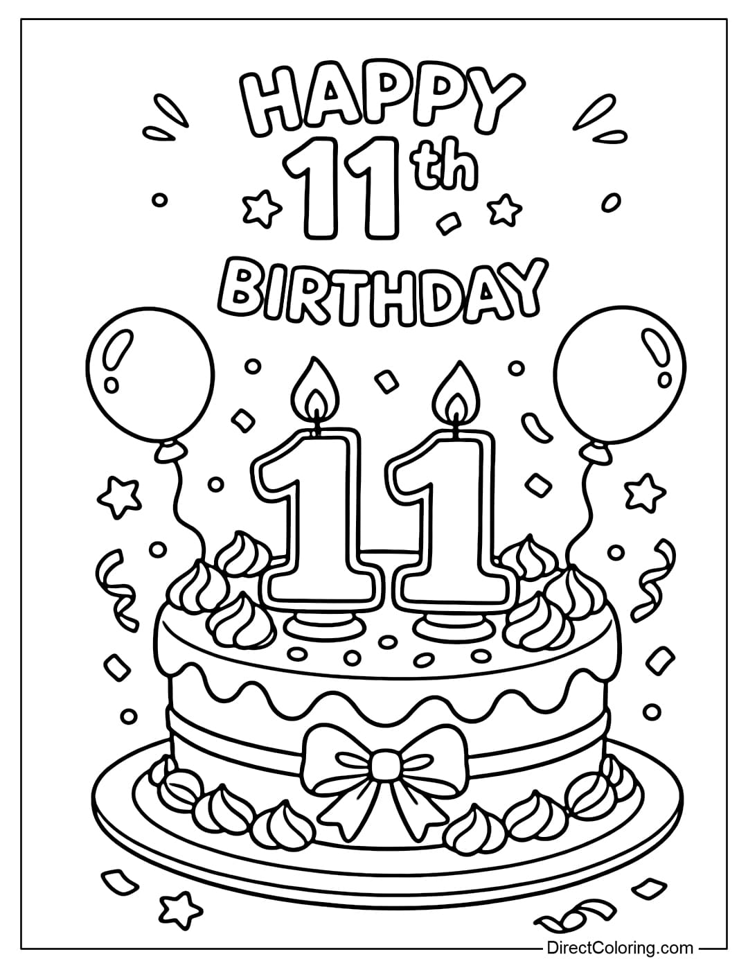 A coloring page for an 11th birthday featuring a cake with the number 11, three balloons floating on top, and the words 