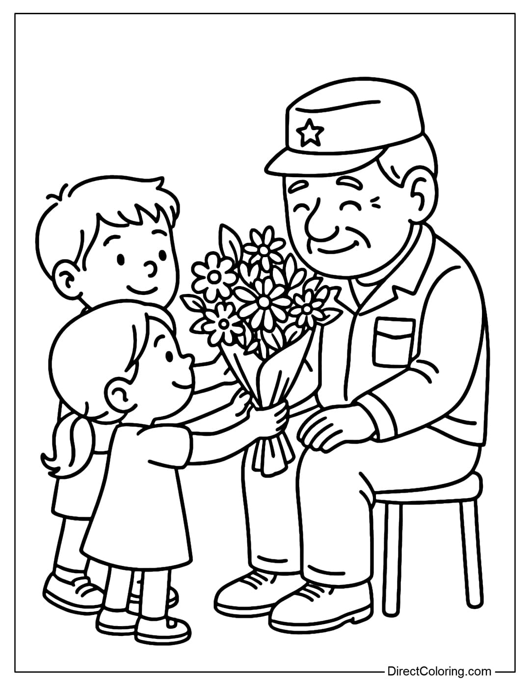 Coloring page of two little kids giving a bouquet of flowers to a veteran, a warm scene.