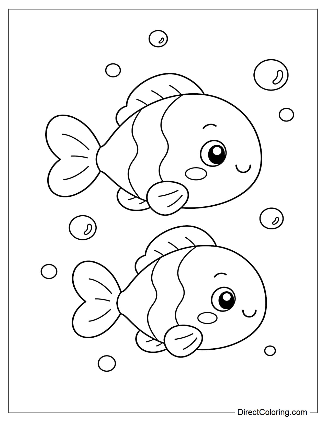 Two small fish are swimming together in a simple shape, surrounded by several bubbles.