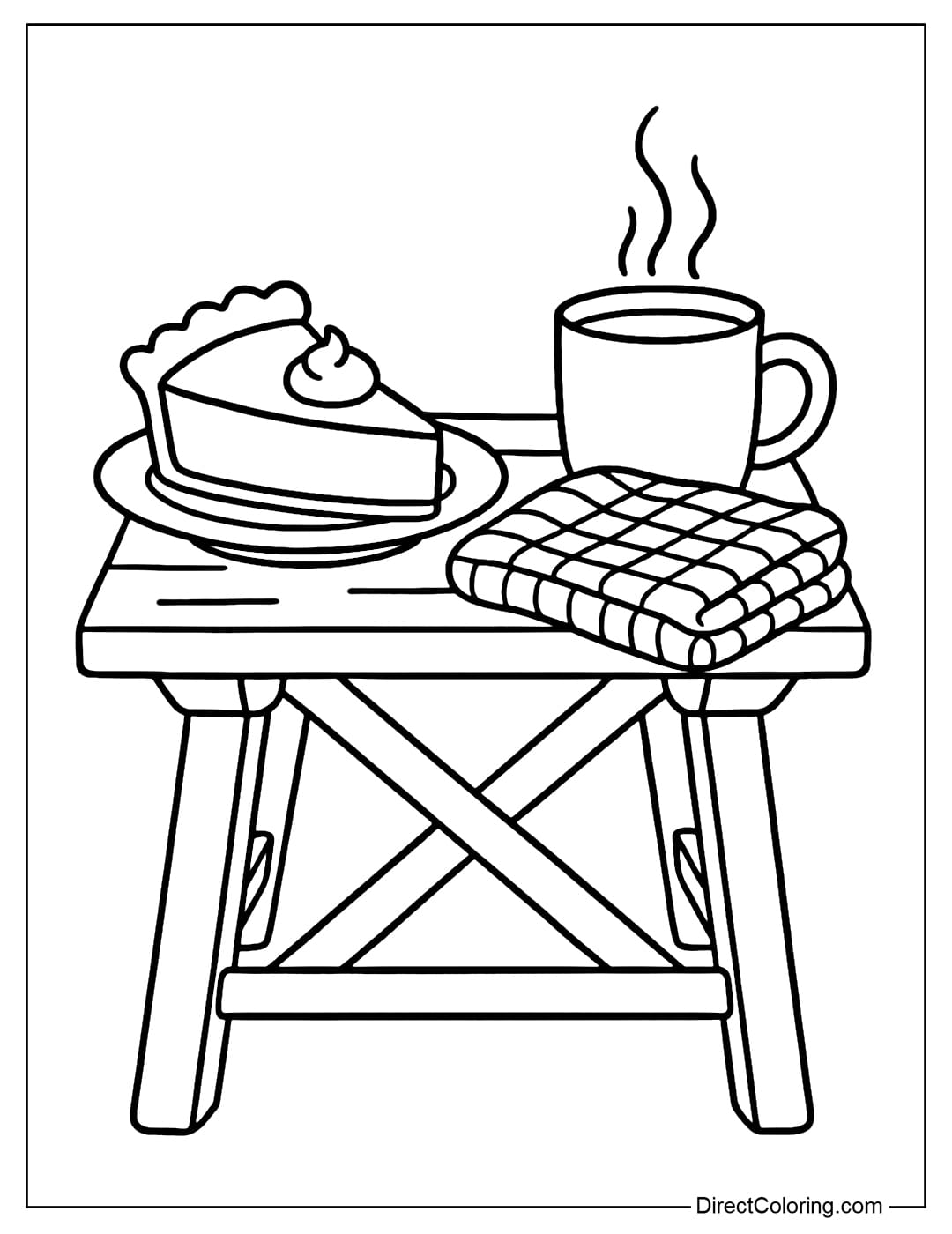 Coloring page of a small table with a plate of pumpkin pie and a cup of steaming cocoa, next to it is a folded woolen scarf.