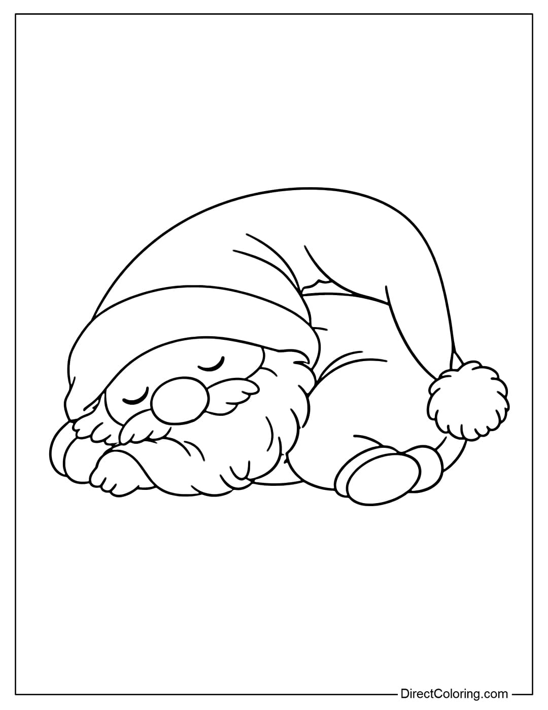 Coloring page of a sleeping gnome with its long, curved hat, lying in a cute, round pose.