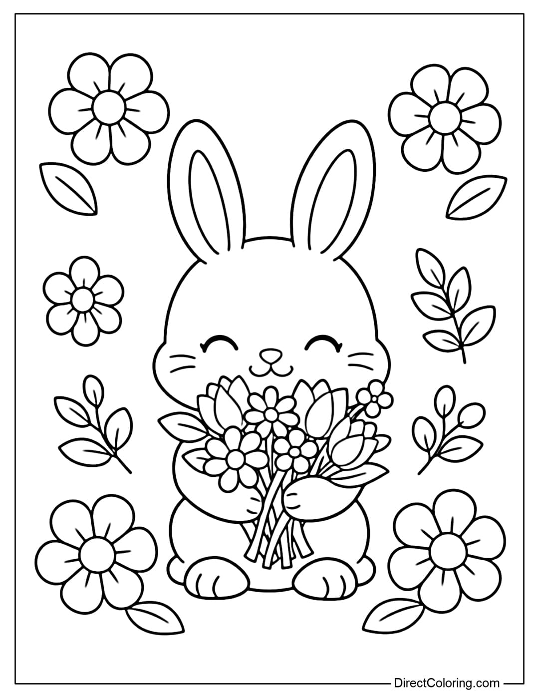 A coloring page featuring a little bunny hugging a bouquet of spring flowers in the center, surrounded by some round flowers and young leaves.