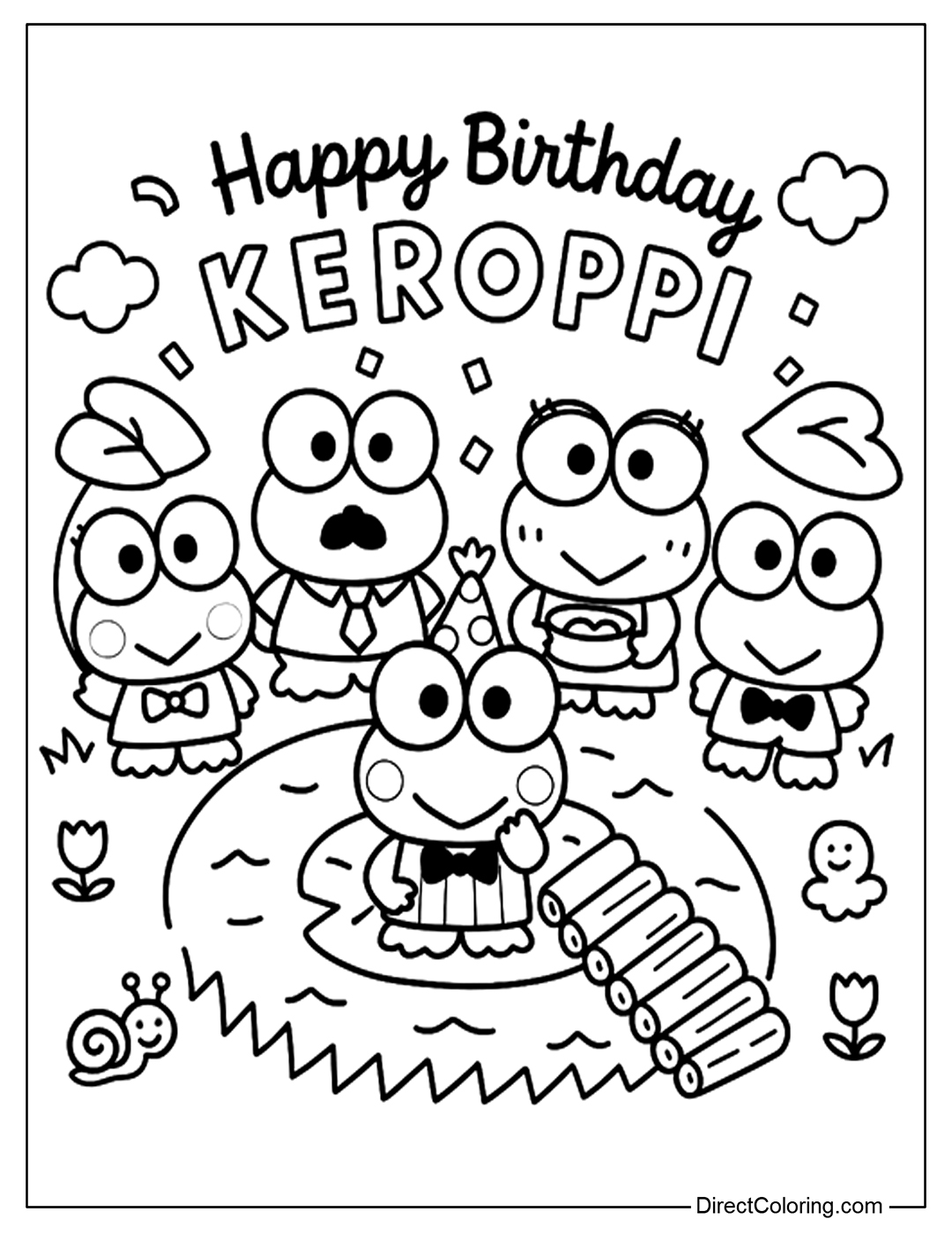 Happy Birthday Keroppi and Friends Coloring Page Free