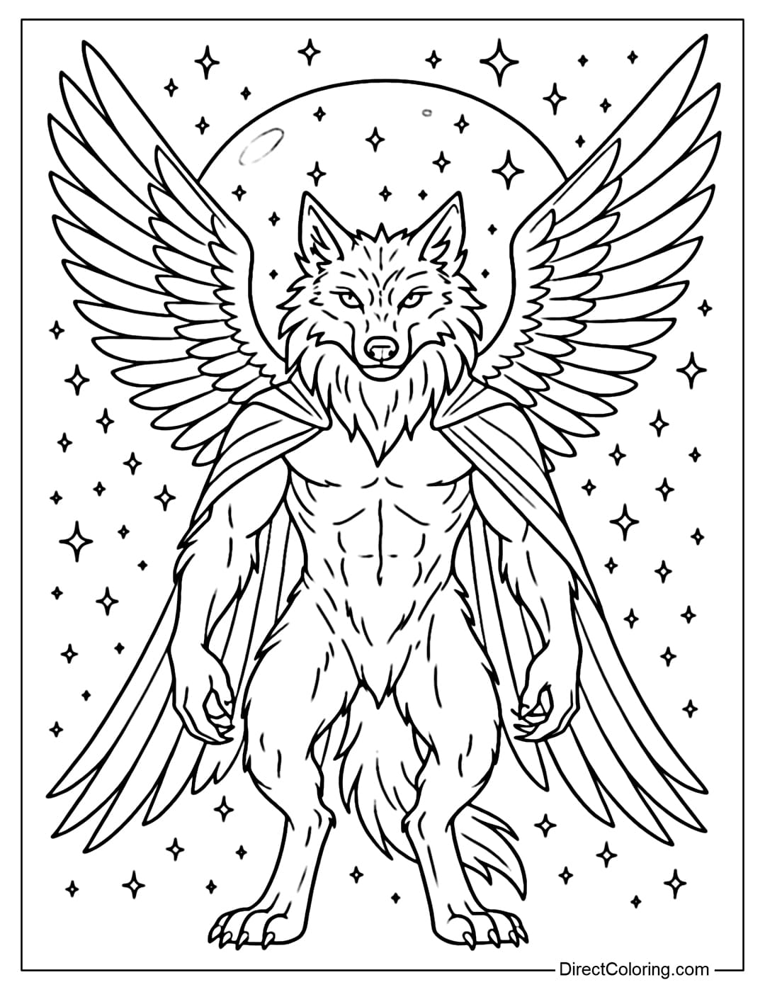 A coloring page of a legendary werewolf with wings of light, standing in the starry universe, with a silver moon behind him.