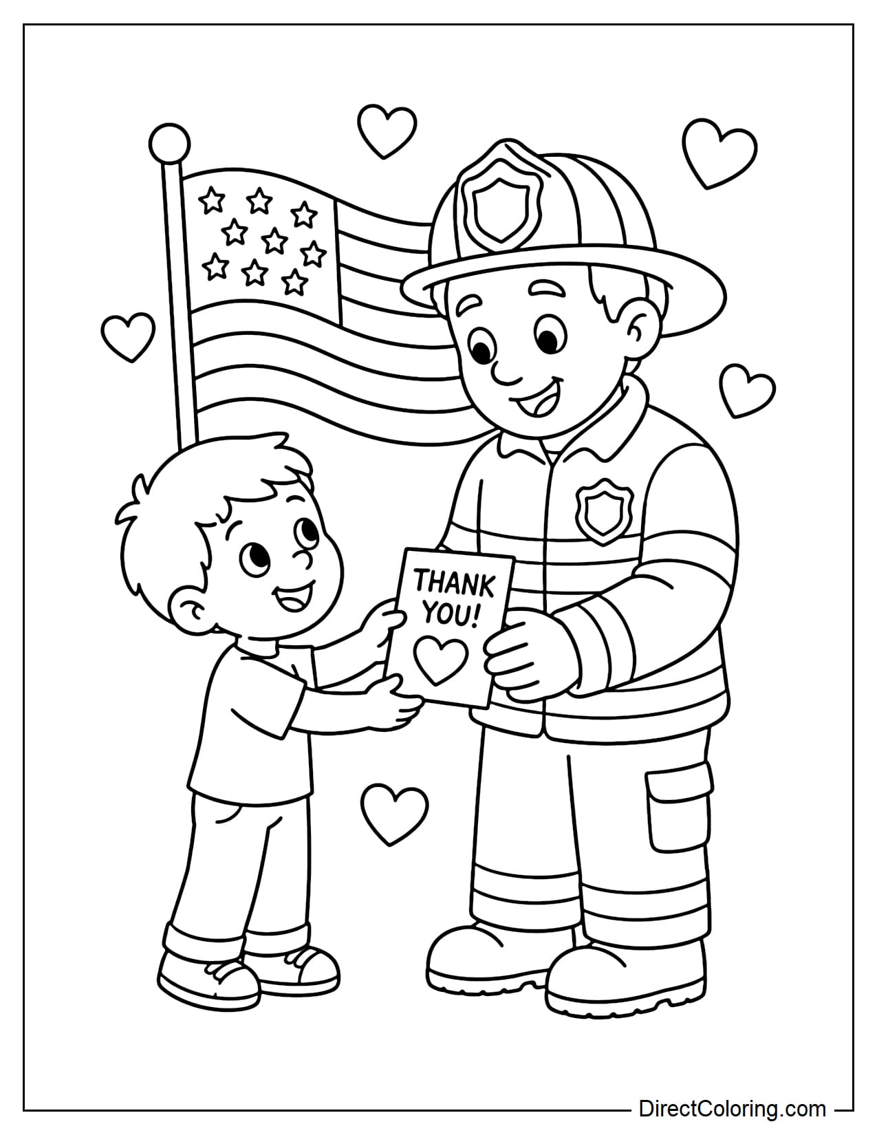 A child is giving a thank-you card to a friendly smiling firefighter, with a small American flag and a few hearts in the background.