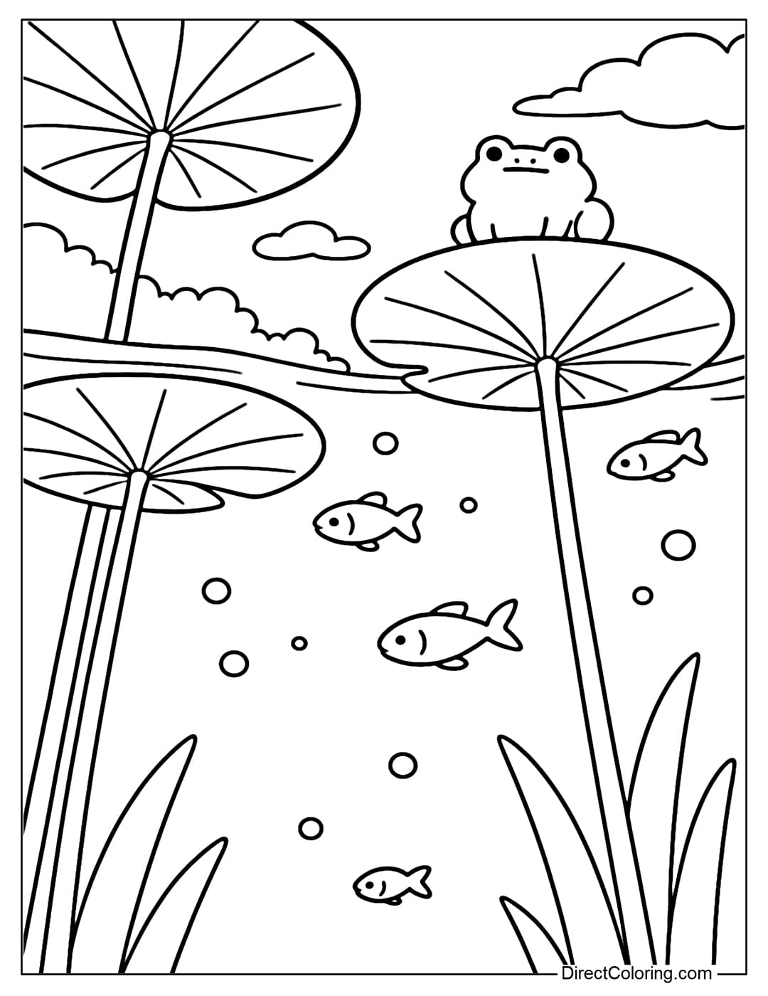 Coloring page looking up from the water, the frog sitting on the lotus leaf, cute round belly, small fish swimming around
