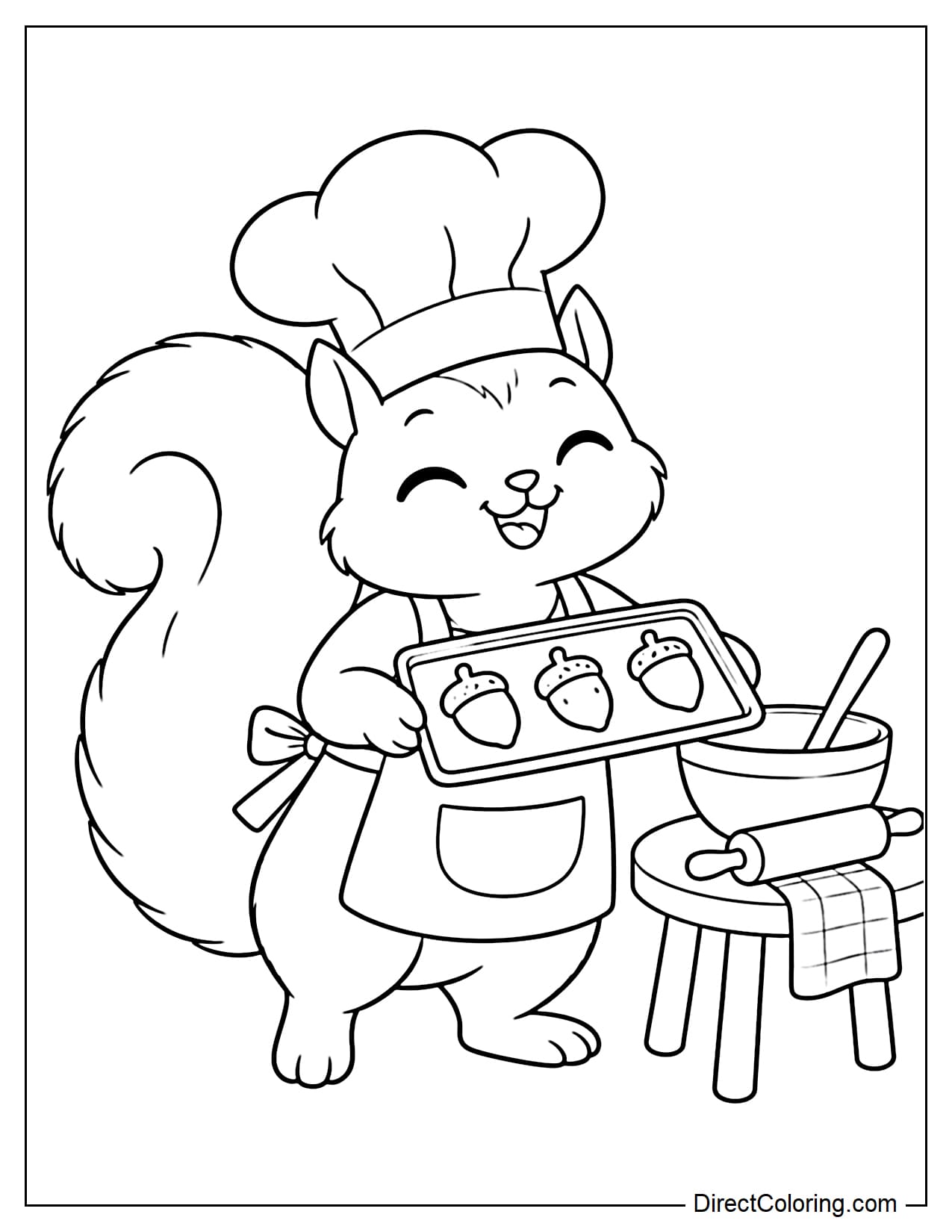 A cheerful squirrel wearing a large chef's hat and holding a tray with three acorn-shaped cookies, beside a small table with a mixing bowl and rolling pin.