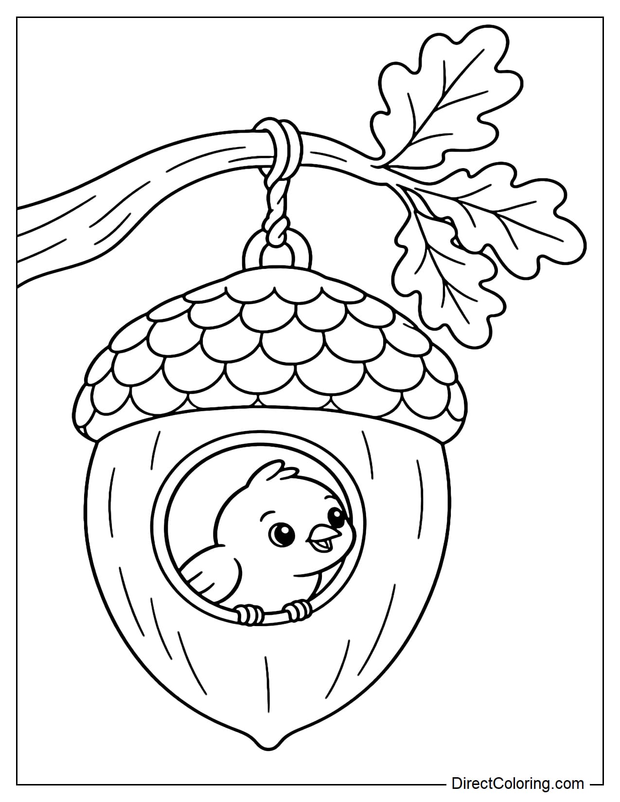 A giant acorn transformed into a birdhouse hanging from a curved oak branch, with a large round entrance on the body and a small bird peeking out.