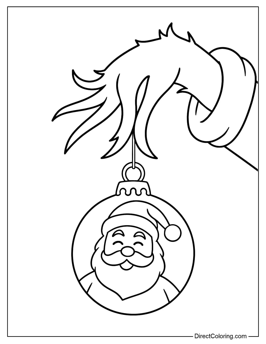 Coloring page of Grinch's arm holding a Christmas ornament with Santa Claus inside.