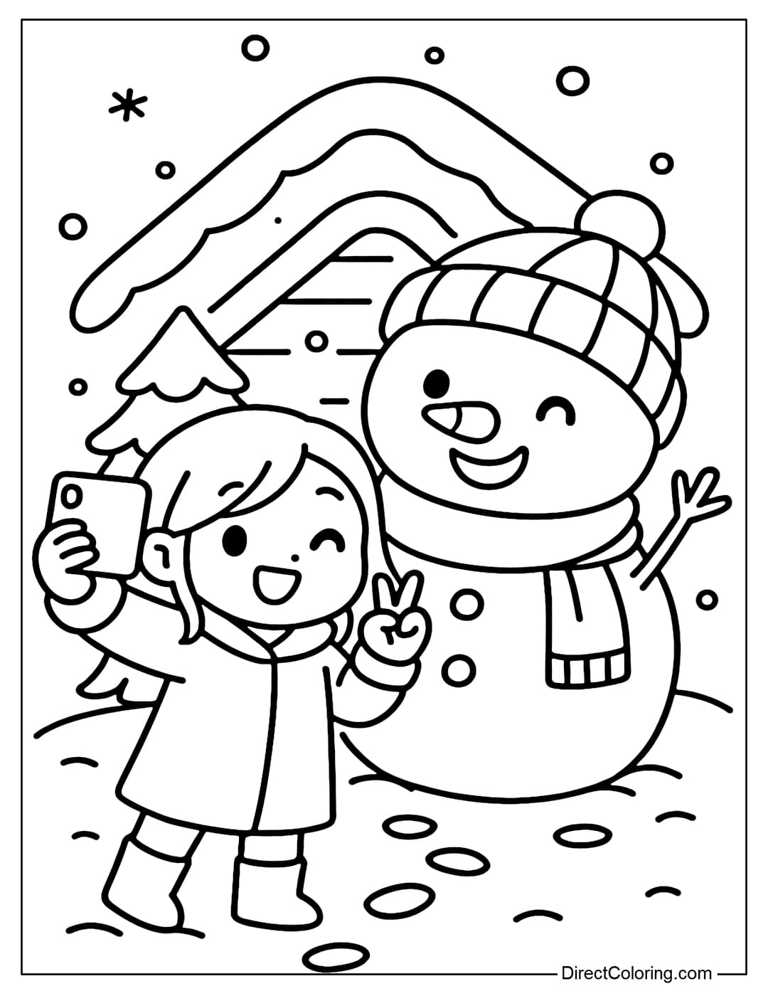 A coloring page of a girl holding up her phone, taking a selfie with a tall snowman wearing a woolen hat, both of them posing happily.