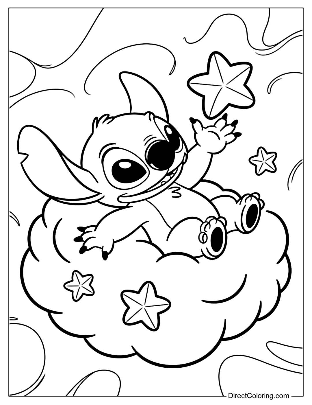 Stitch Coloring Page lying on his back on a cotton candy cloud, his hands reaching up to catch a sparkling candy star.