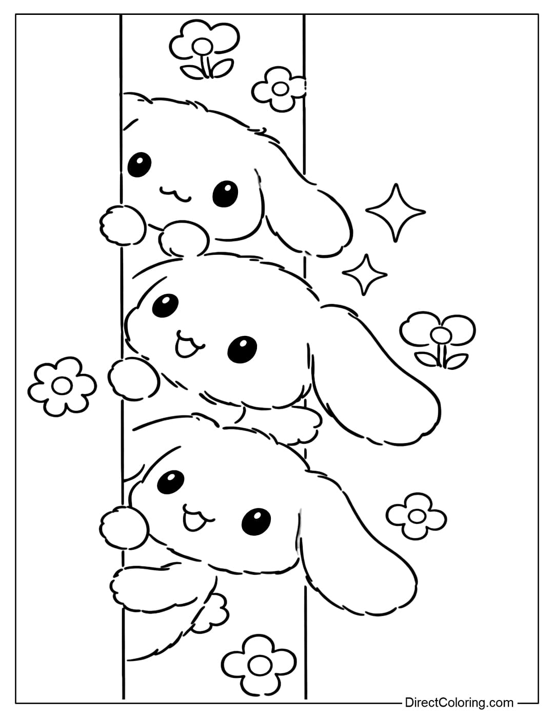 A coloring page of 3 cute Cinnamorolls peeking their heads out from the edge of a vertical strip, decorated with flowers and stars.