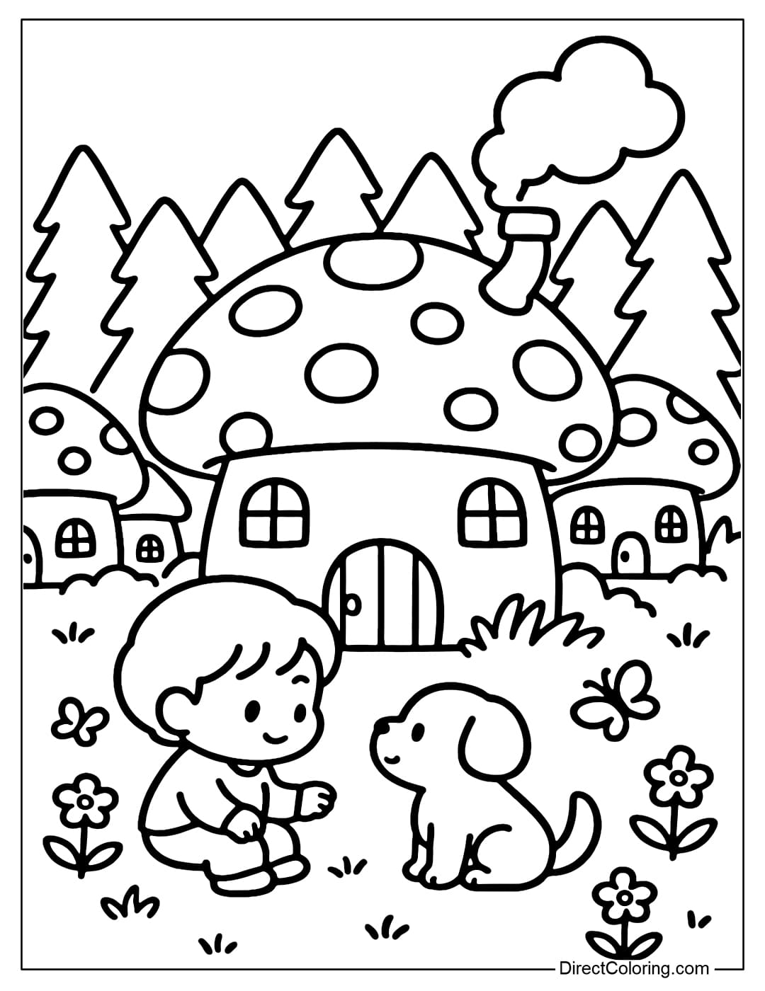 Coloring page of a giant mushroom village with windows and smoke coming out of the chimney.