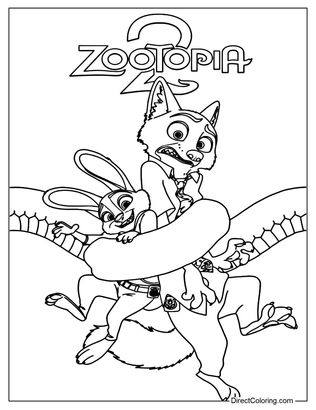 Coloring page of Nick and Judy being held tightly by Gary, showing the contrast between anxiety and playfulness.