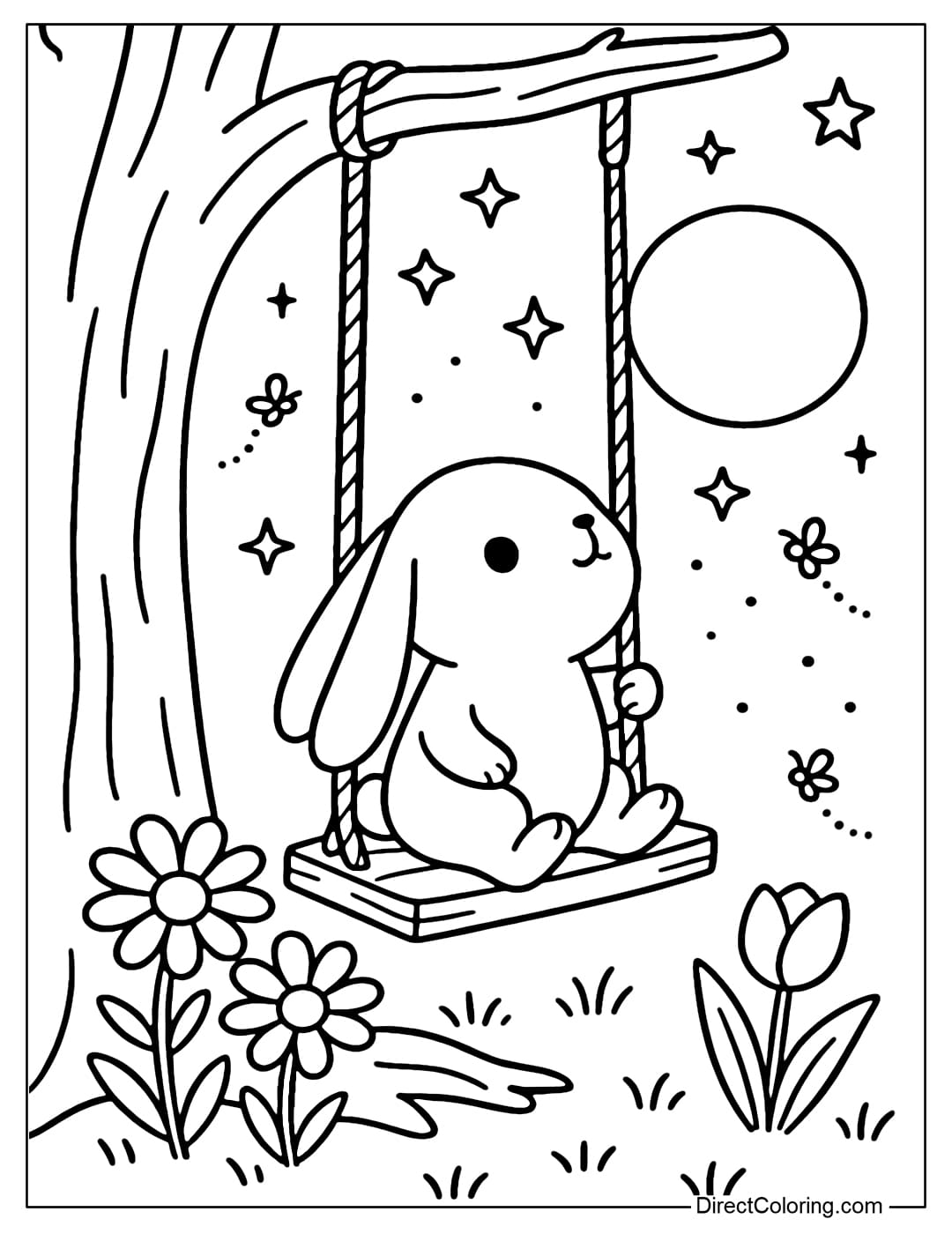 A coloring page of a little bunny sitting on a swing hanging from a tree branch, behind it is a full moon, surrounded by several large sparkling stars