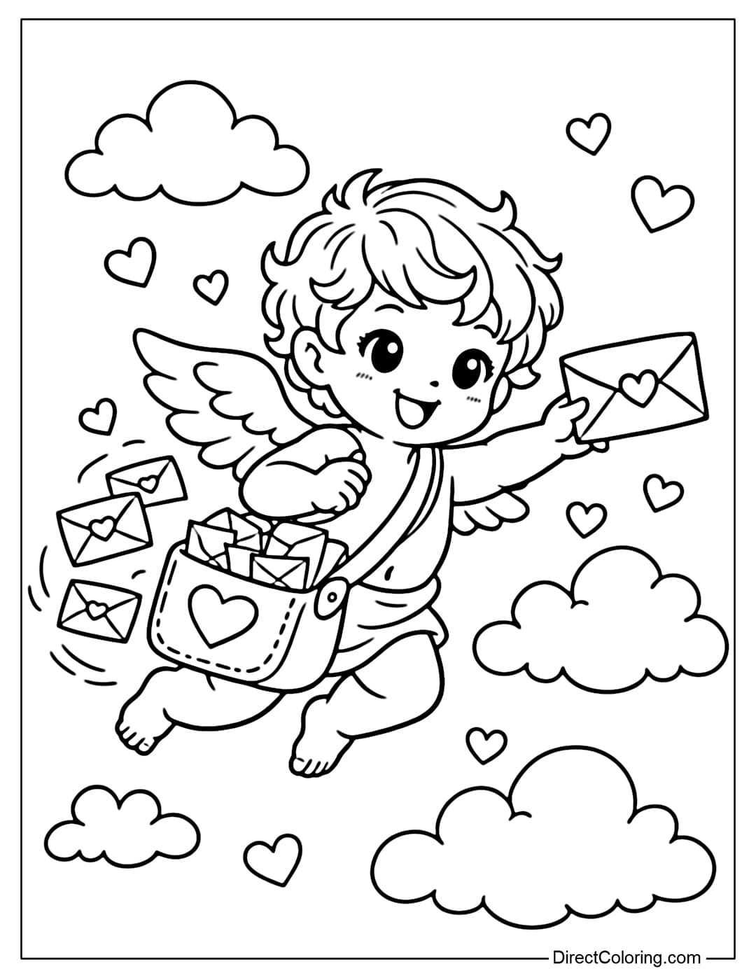 A coloring page of a flying Cupid delivering love letters, holding a heart-shaped envelope, with envelopes flying out behind him.