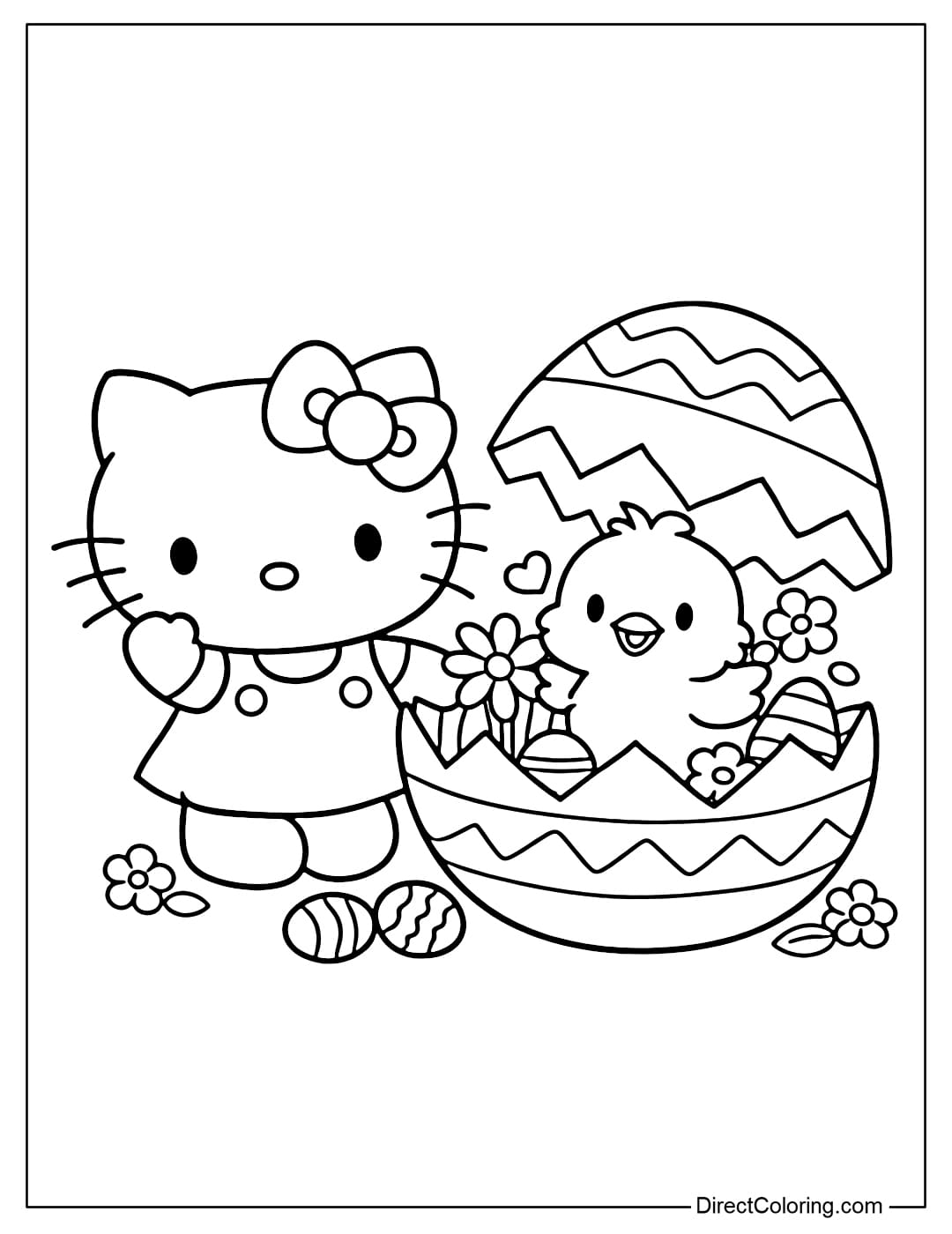 Hello Kitty is standing next to an open Easter egg revealing a surprise chick inside.
