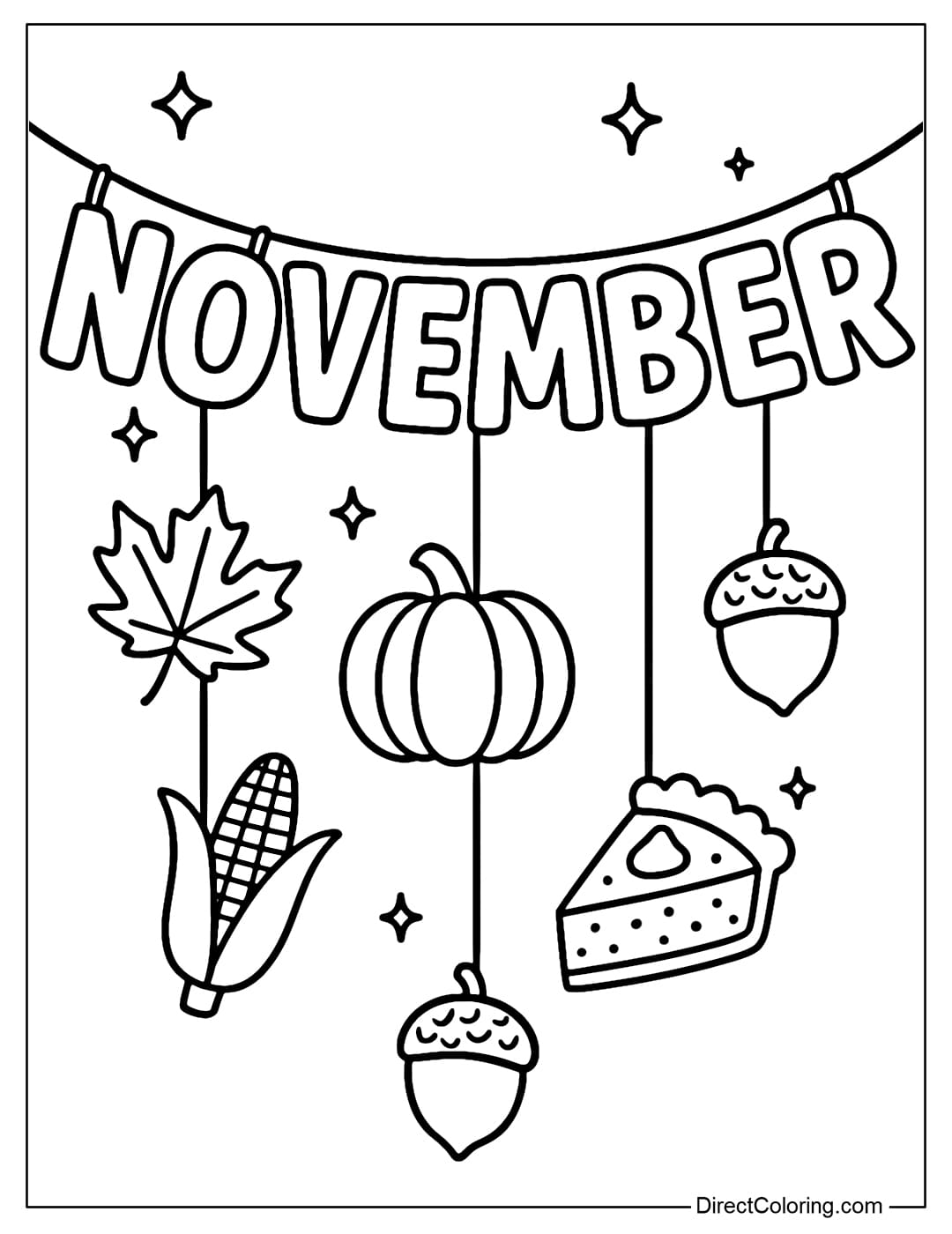 A coloring page of the word NOVEMBER hung like a flag in a garland. Below the words are hung cute autumn symbols.