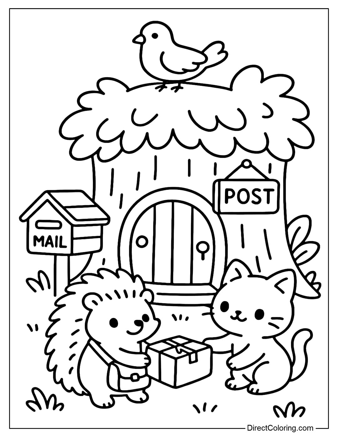 Stump Post Office Coloring Page A tree stump coloring page as a small post office, with a round wooden door hanging a