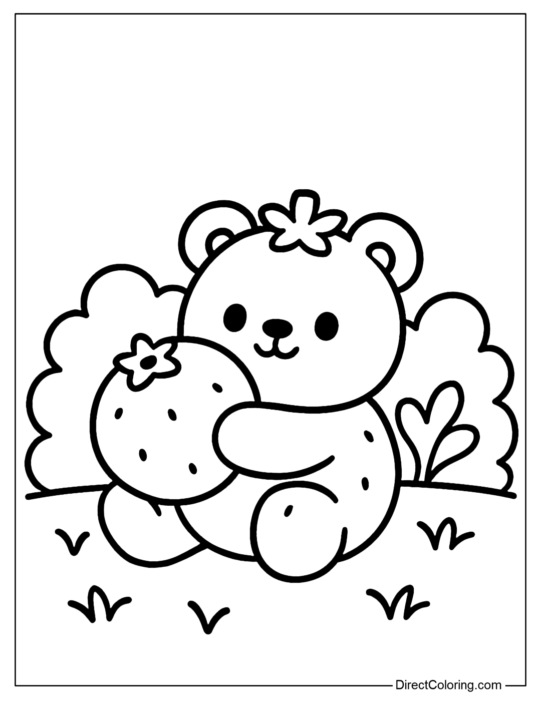A small bear coloring page that is round like a bunch of blueberries, holding a large fruit in its hand. The background is a bush.