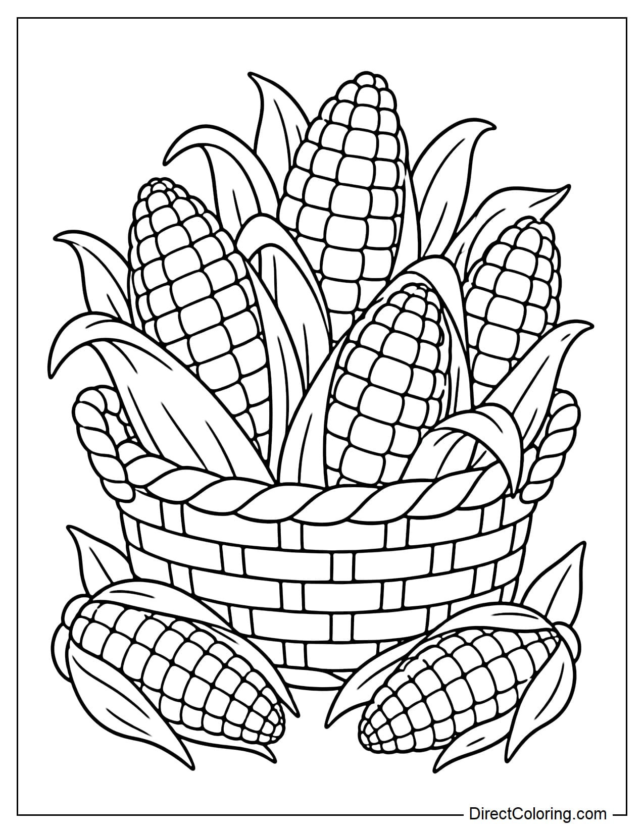 A large woven basket is filled with freshly harvested corn cobs, some still wrapped in curling husks, while two more cobs lie beside the basket with a few large corn leaves.