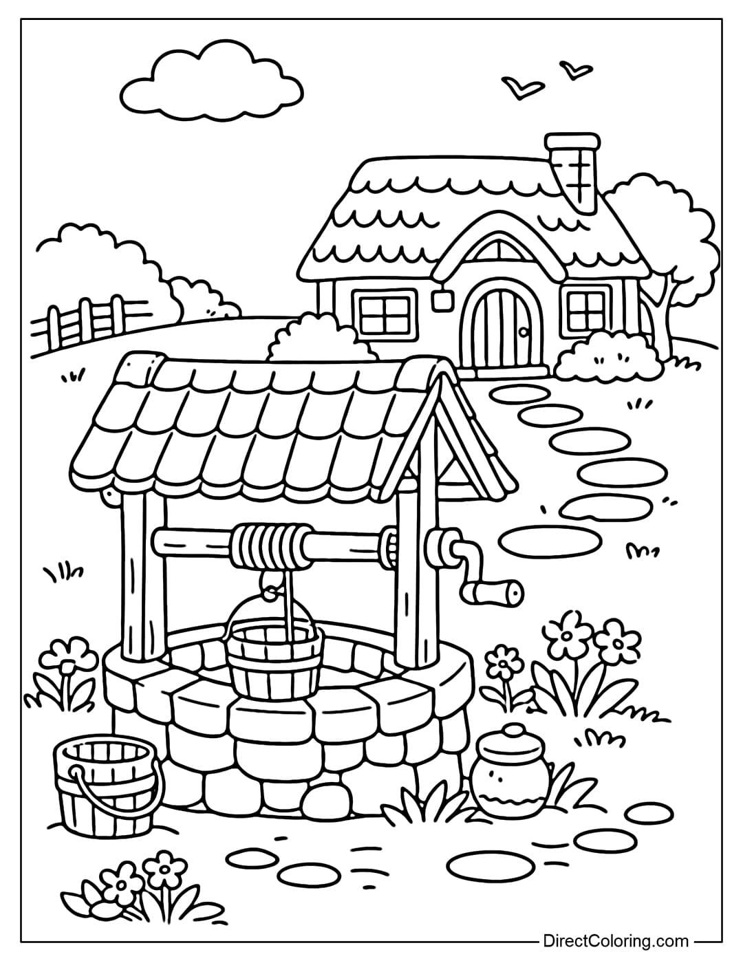 Coloring page of a small well in front of a simple village house creating a peaceful scene.