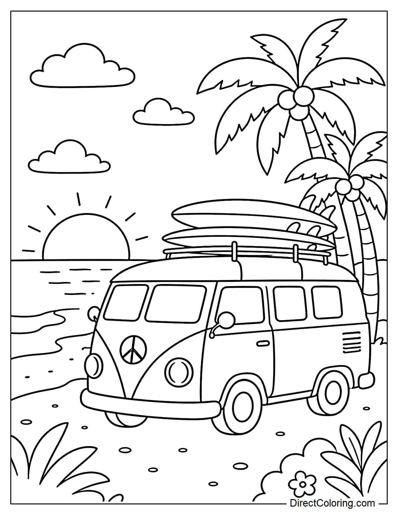 A tourist van parked by the beach at sunset, with a surfboard on the roof and a few coconut trees in the background.