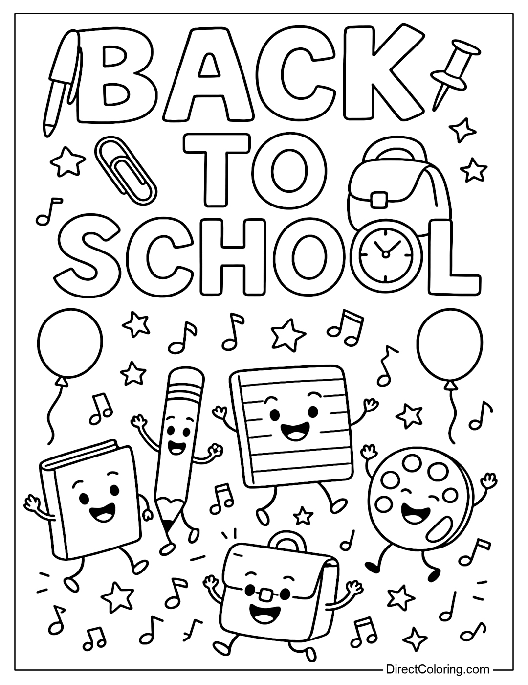 Back to School lettering coloring page in a fun style, each letter is decorated with school supplies such as pen caps, clips, pins, rulers and bags.