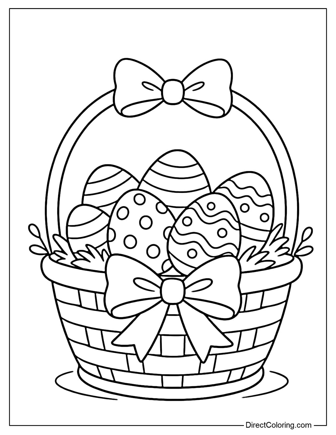 A compact Easter basket coloring page with a bow on the front and a few decorative eggs inside.
