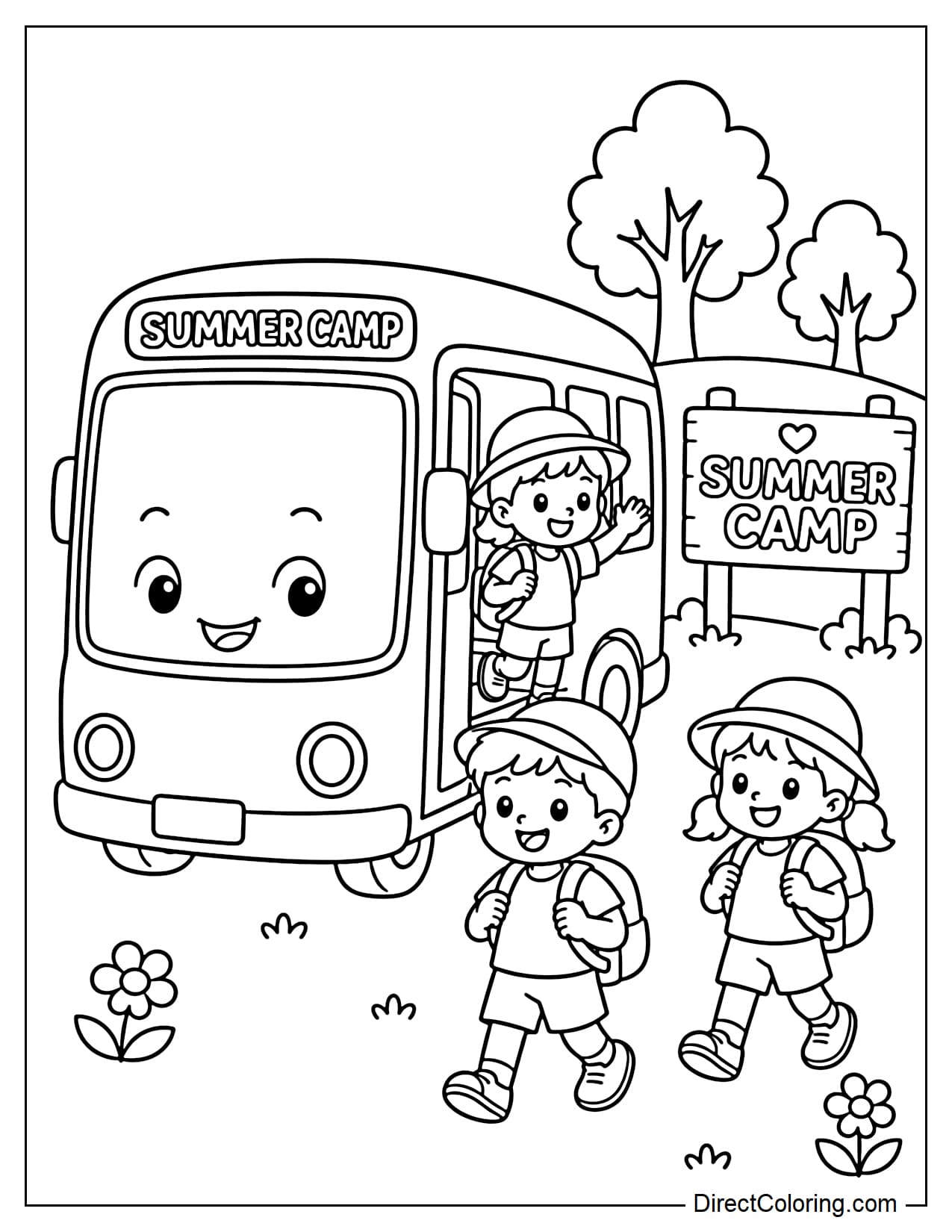 A small bus carrying children to summer camp, a few children are getting off with backpacks and hats, in the distance are trees and a summer camp sign.