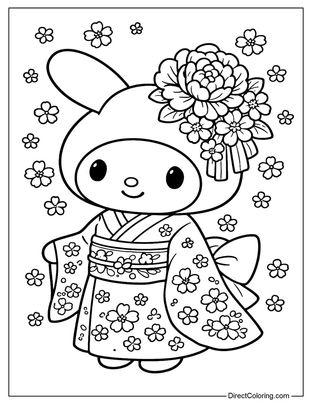 A My Melody is wearing a traditional kimono, decorated with cherry blossoms and a large flower headpiece.